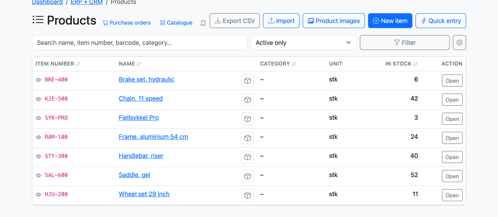 Screenshot: the product list in the ERP, with item numbers, stock levels and purchase orders